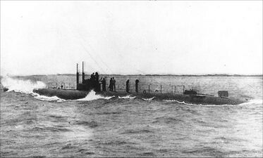 G-4 at sea, burying her bow in a head sea, most likely pre-WW I, circa 1914-15. The upper rudder can be clearly seen in this photo.