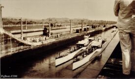 Three unidentified S-boats of the Government design in the locks at the Panama Canal, late 1920's. These boats are part of the S-10 group boats that had a stern torpedo tube and their bow planes below the water line. All four of these boats were regular visitors to the Canal Zone in the 1920's and early 1930's.
