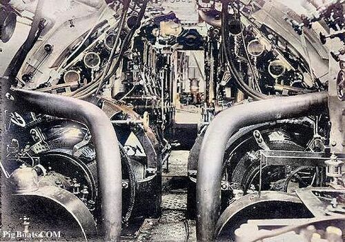 The engine room of the USS C-1 (SS-9). Compact, loud, smelly, and dangerous.