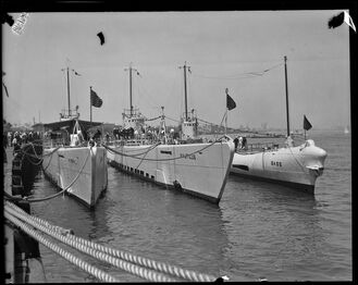 Three photos of Narwhal, Nautilus, and Bass moored together