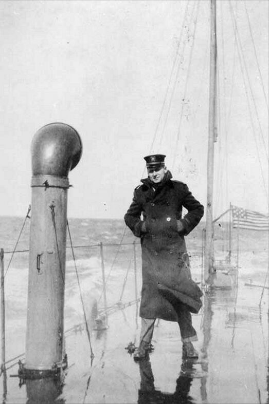 Photographed on board the submarine G-4, commanding officer Lieutenant (Junior Grade) Paul F. Foster, circa 1915-1916. G-4 looks to be a wet boat on the surface. National Archives photo.