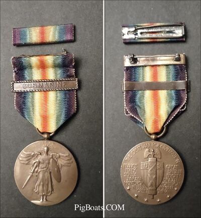 WW I Victory Medal with Submarine Clasp and ribbon showing both sides