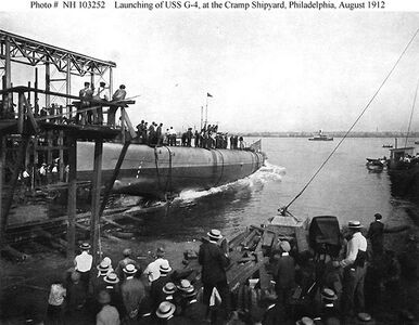 G-4 sliding down the ways at the Cramp yard, August 15, 1912. The strange looking bulge seen on the under-body of the bow just to the right of the diagonal brace is the port torpedo tube. Photo NH 103252 courtesy NHHC