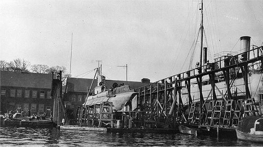 The USS G-2 in a floating drydock at the Thames Towboat Company, New London, Connecticut, 1918. Quite possibly after her grounding on Bartlett Reef and her salvage.