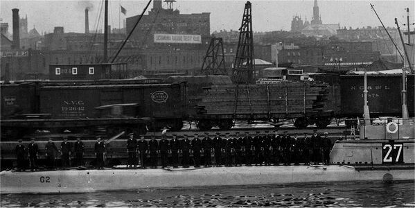 The USS G-2 shown taking a crew photo close-up while at the Brooklyn Navy Yard on June 27, 1917.